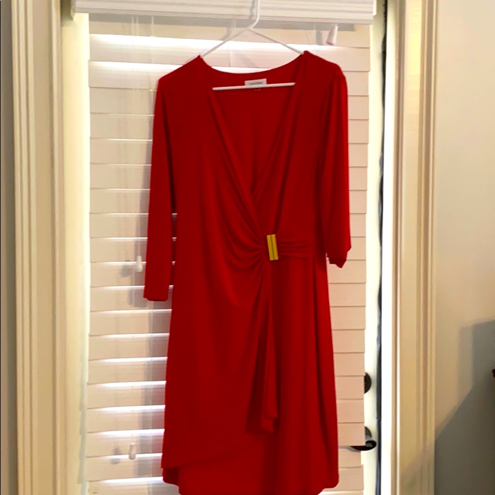 Red Calvin Klein wrap dress